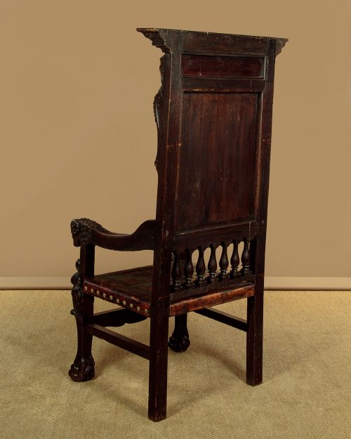 RENAISSANCE STYLE CARVED OAK PAINTED LEATHER THRONE CHAIR C1910 - ADDITIONAL PHOTO 11