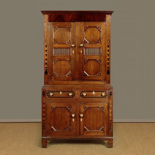 WELSH OAK BREAD CHEESE CUPBOARD WITH INLAID DECORATION C1830