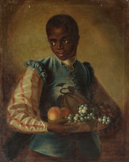 A Georgian style oil painting depicting a young servant holding a fruit basket containing grapes and a melon, dressed in a blue waistcoat. View III