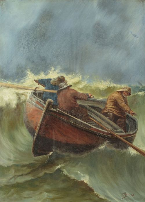 Oil Painting of a Boat in a Storm Dated 1913 View II