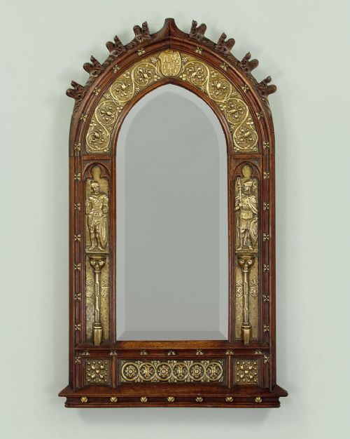 Oak & Brass Gothic Revival Wall Mirror C.1890