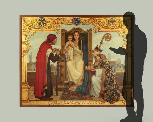 VERY LARGE FIRST WORLD WAR ERA PAINTING OF THE VIRGIN CHRIST ENTHRONED WITH A PRAYER FOR PEACE DATED 1916 - ADDITIONAL PHOTO 1
