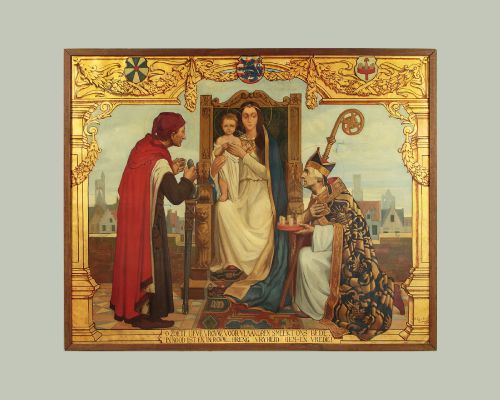 VERY LARGE FIRST WORLD WAR ERA PAINTING OF THE VIRGIN CHRIST ENTHRONED WITH A PRAYER FOR PEACE DATED 1916 - ADDITIONAL PHOTO 2