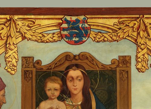 VERY LARGE FIRST WORLD WAR ERA PAINTING OF THE VIRGIN CHRIST ENTHRONED WITH A PRAYER FOR PEACE DATED 1916 - ADDITIONAL PHOTO 7