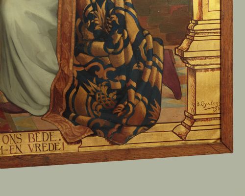 VERY LARGE FIRST WORLD WAR ERA PAINTING OF THE VIRGIN CHRIST ENTHRONED WITH A PRAYER FOR PEACE DATED 1916 - ADDITIONAL PHOTO 11