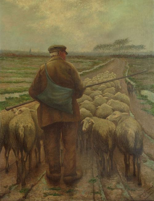 A mid-20th century oil painting depicting a shepherd with a staff leading a flock of sheep along a rural dirt path in muted green and brown tones. View II
