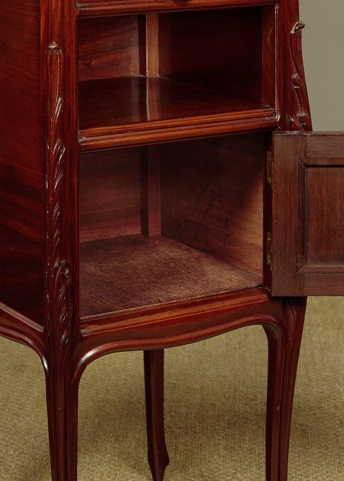 A pair of late 19th-century mahogany bedside cabinets featuring variegated marble tops, single upper drawers, open shelf recesses, and lower cupboards supported on cabriole legs. View VIII