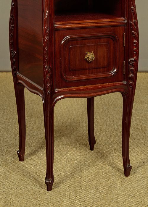 A pair of late 19th-century mahogany bedside cabinets featuring variegated marble tops, single upper drawers, open shelf recesses, and lower cupboards supported on cabriole legs. View X