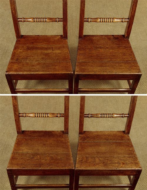A set of four mid-19th-century Welsh oak cottage dining chairs with solid timber seats, turned centre spindles, and square stretchers. View XI