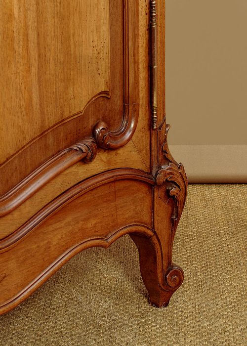 A French walnut sideboard featuring three top drawers, three panelled cabinet doors with central carved fruit motifs, brass handles, cabriole legs, and a fitted dark marble top. View XIII