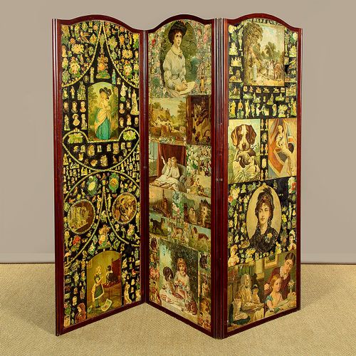 A late Victorian three-panel wooden folding screen covered in dense decoupage scrapwork featuring portraits, animals, and floral imagery. View III