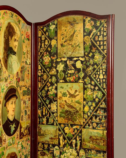 A late Victorian three-panel wooden folding screen covered in dense decoupage scrapwork featuring portraits, animals, and floral imagery. View IV