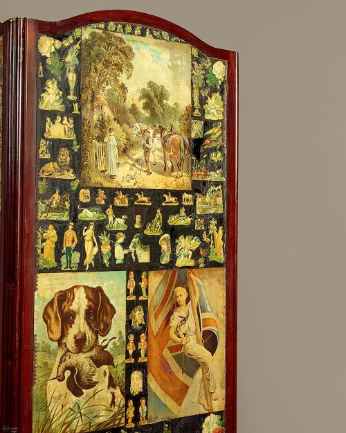 A late Victorian three-panel wooden folding screen covered in dense decoupage scrapwork featuring portraits, animals, and floral imagery. View VIII