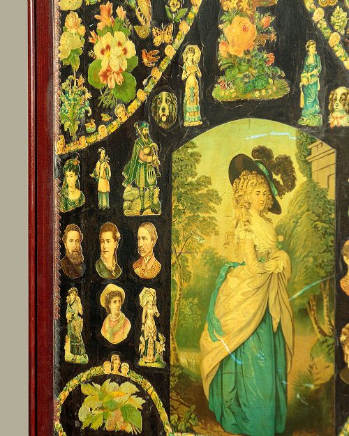 A late Victorian three-panel wooden folding screen covered in dense decoupage scrapwork featuring portraits, animals, and floral imagery. View X