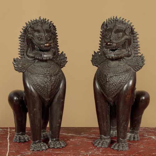 Pair of Large Bronze Temple Lions