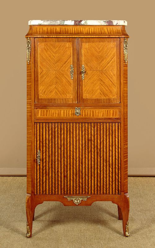 A tall Louis XVI style wooden side cabinet featuring geometric herringbone parquetry veneers, brass mounts, and a polished marble top. View III