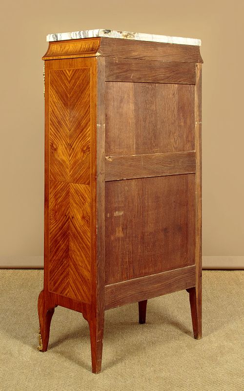 A tall Louis XVI style wooden side cabinet featuring geometric herringbone parquetry veneers, brass mounts, and a polished marble top. View XIV