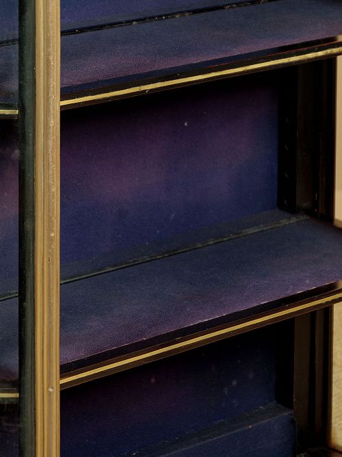 An Art Deco ebonised tall display cabinet featuring brass mounts, glazed side panels, a single glass door, and fabric-lined interior shelving. View IX