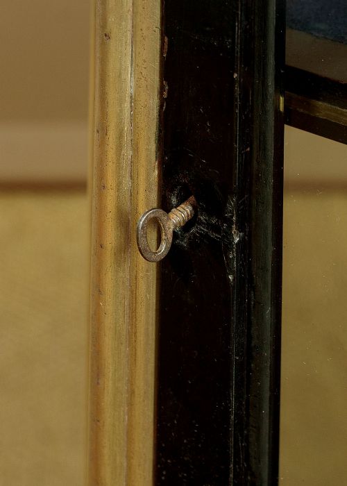 An Art Deco ebonised tall display cabinet featuring brass mounts, glazed side panels, a single glass door, and fabric-lined interior shelving. View X