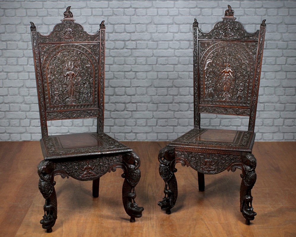 Pair Carved Anglo-Indian Chairs c.1890.