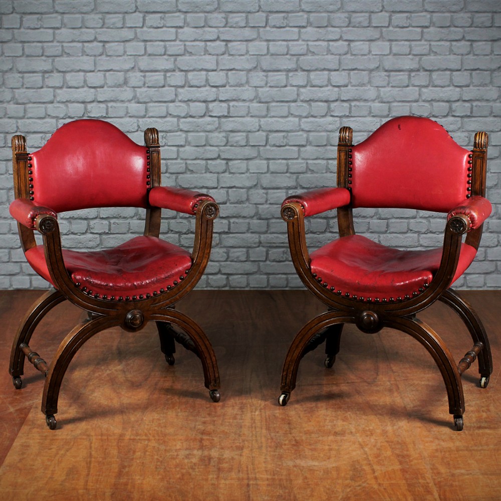 Pair Oak & Leather Armchairs c.1880.