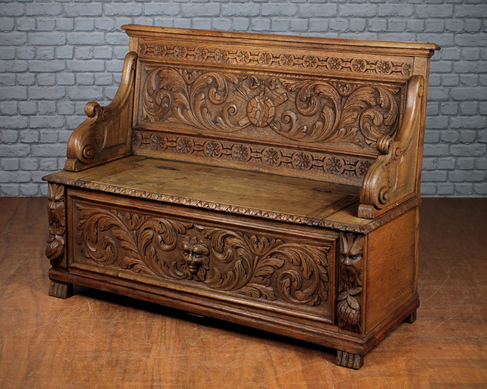 Carved Oak Box Settle c.1890.
