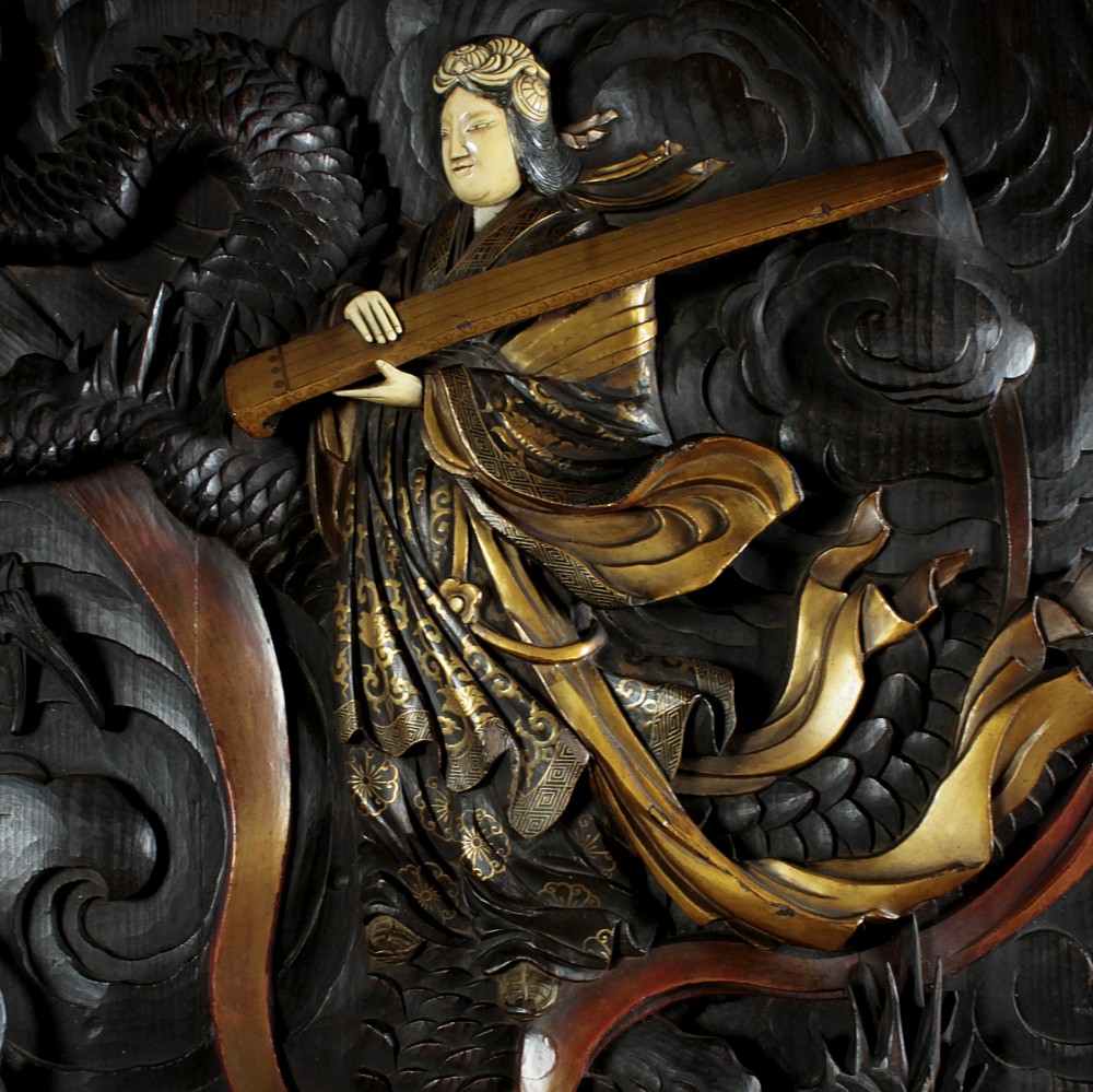 Japanese Carved Panel of the Goddess Benzaiten c.1880.