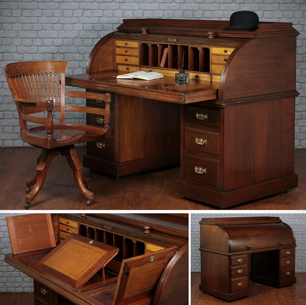 Large Walnut Cylinder Top Pedestal Desk c.1860.