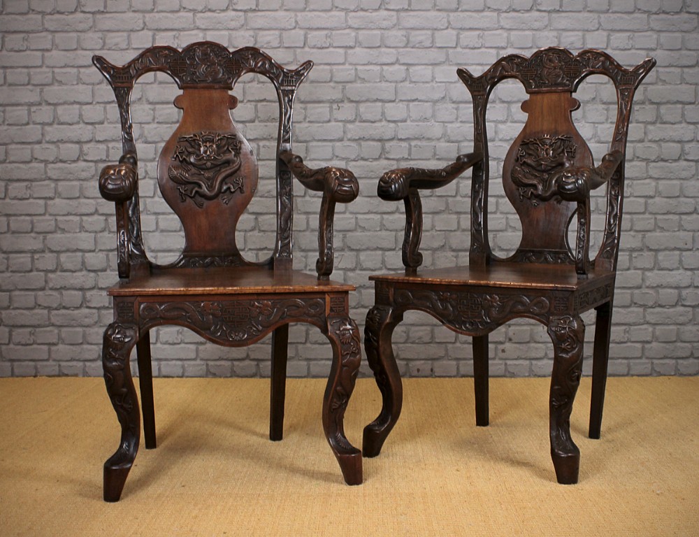 Pair Late 19th.c. Carved Oriental Armchairs c.1890. 