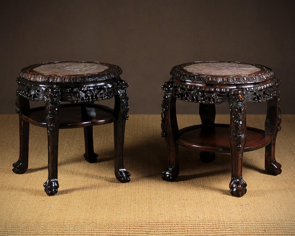 19th.c. Chinese Marble Top Carved Rosewood Urn Stands c.1890.