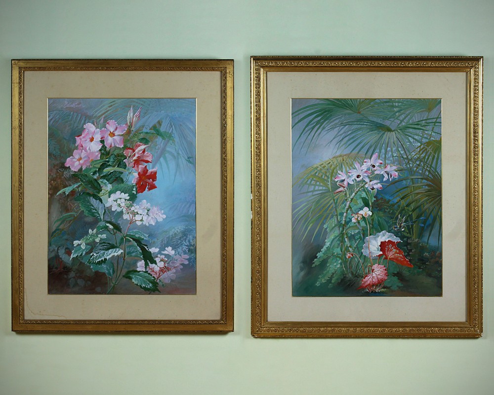 Large Pair of Exotic Floral Watercolours c.1890.