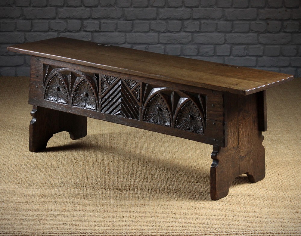16th.c. Style Carved Oak ‘Sword’ Chest Or Stool c.1930.