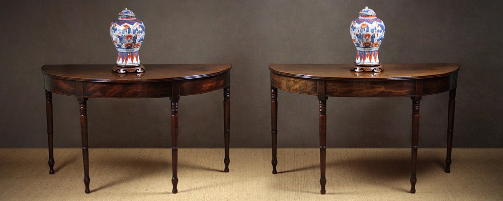 Pair Late Georgian Mahogany Demi Lune Tables c.1800.