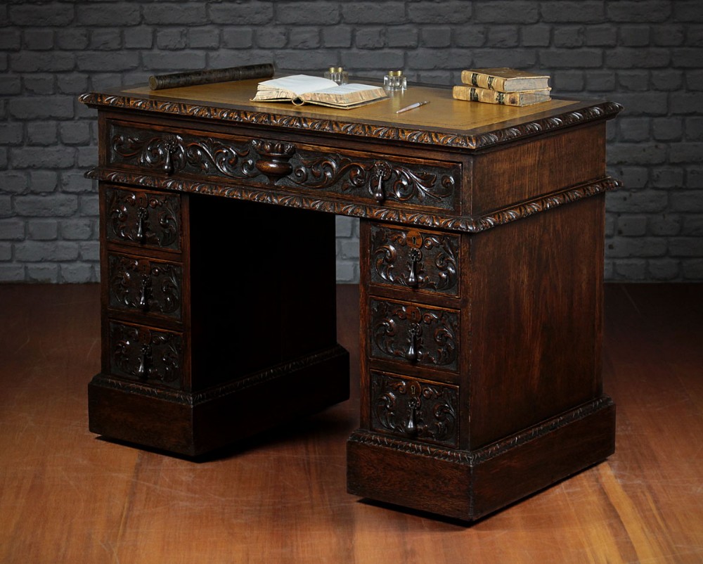 19th.c. Carved Oak Kneehole Desk c.1880.