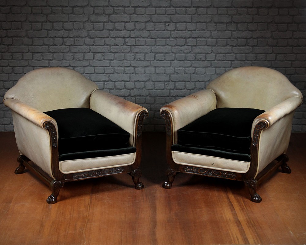 Pair Early 20th.c. Low Back Leather Club Armchairs c.1920