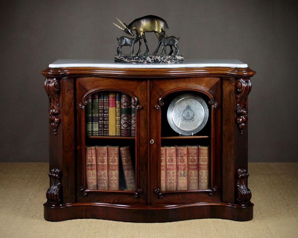 19th.c. Serpentine Fronted Marble Top Rosewood Side Cabinet c.1870.
