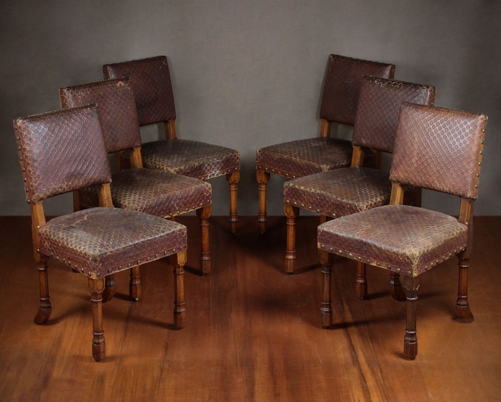6 Mid 19th.c. Gothic Revival Oak Dining or Library Chairs c.1865.