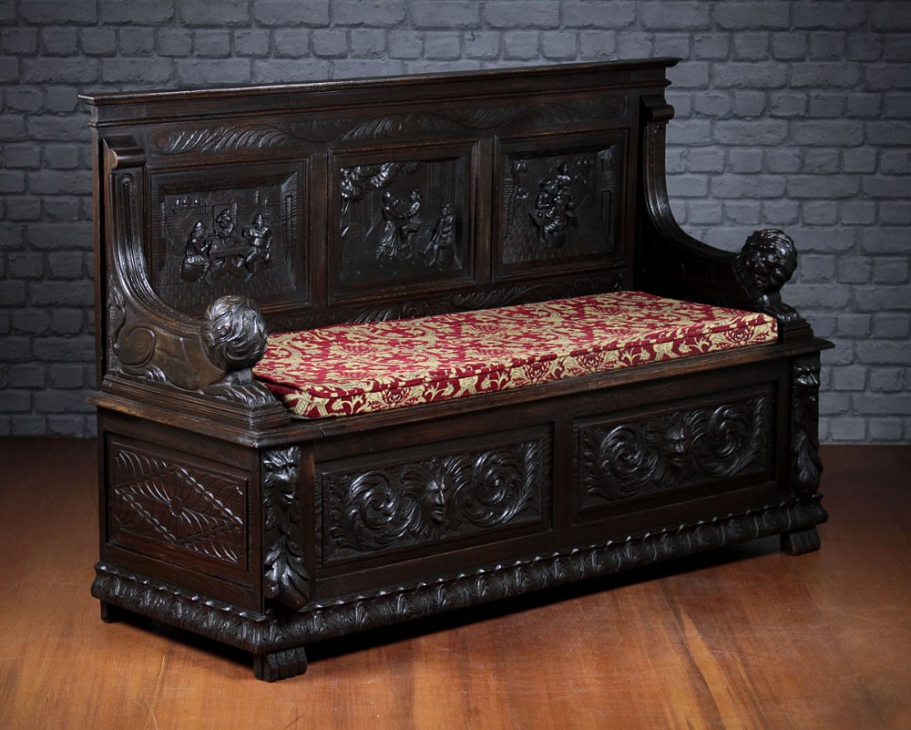 Carved Oak Box Settle c.1880.