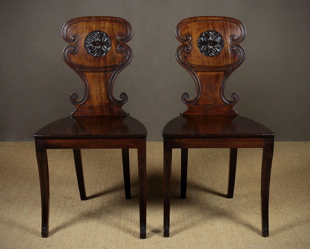 Pair Of George III Mahogany Hall Chairs c.1800.