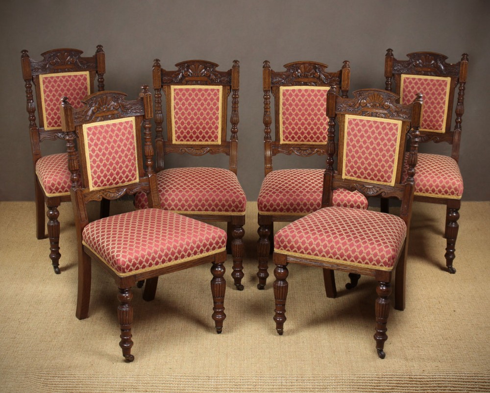 Set Of Six Carved Oak Dining Chairs c.1895.