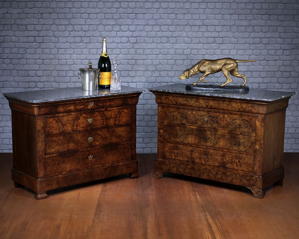 Two French Marble Top Burr Walnut Chests of Drawers c.1890.