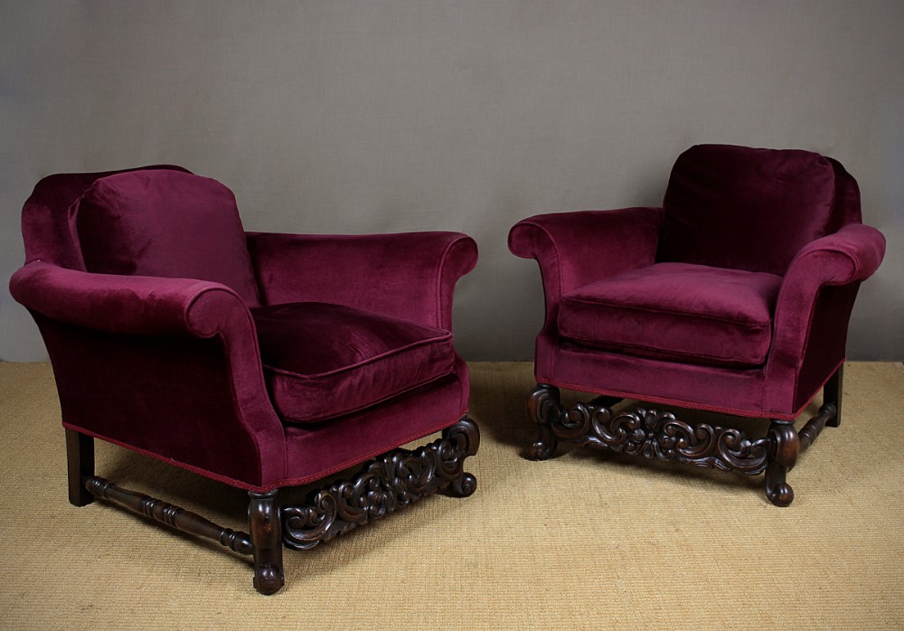 Pair Edwardian Club Style Easy Armchairs c.1910.