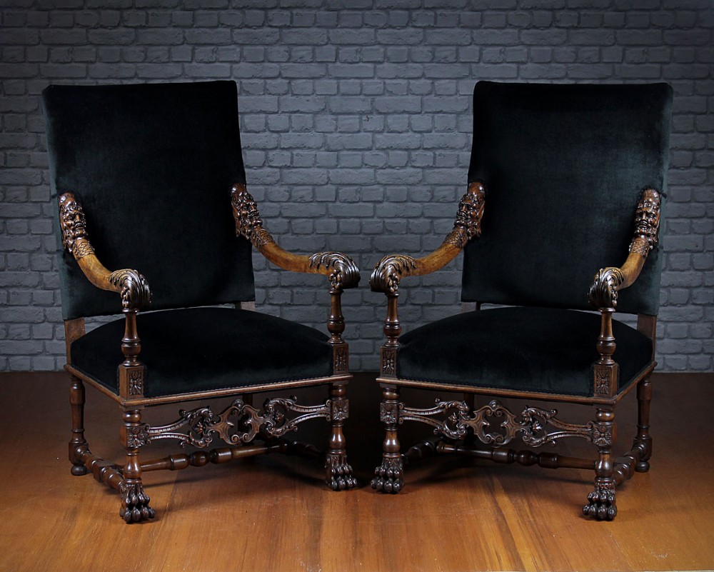 Exceptional Pair of Carved Walnut Armchairs c.1840.