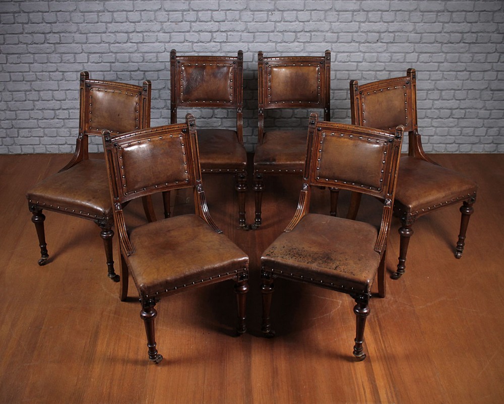 Set of Six Walnut & Leather Dining Chairs c.1870.