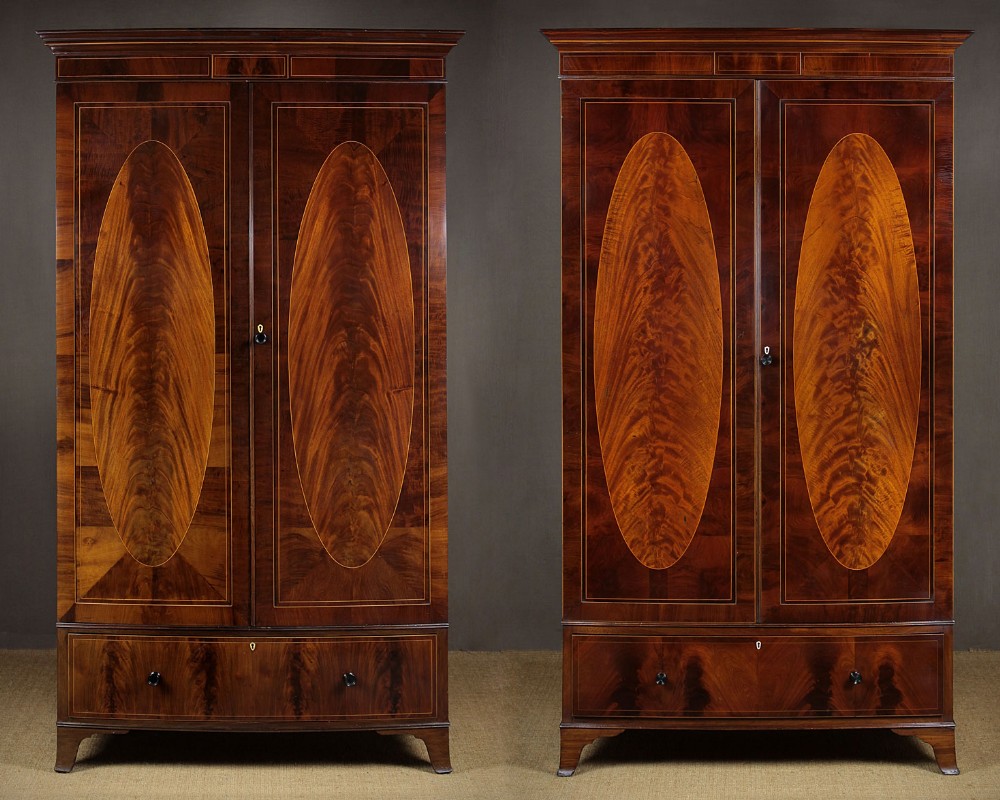Pair Exceptional Edwardian Mahogany Bow Fronted Wardrobes c.1910.
