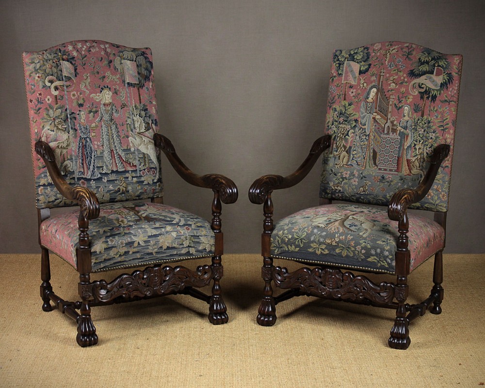 Pair of Open Armchairs with Lady & The Unicorn Tapestry Covers.