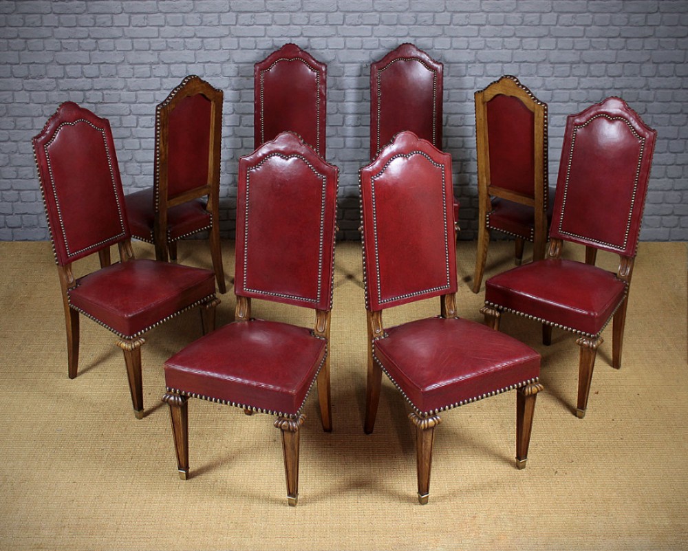Set of 8 Oak & Red Leather Dining Chairs c.1930.