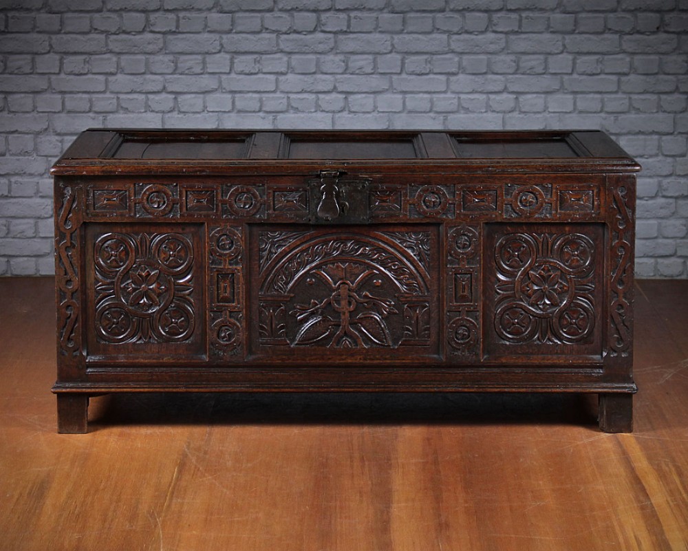 18th.c. Oak Coffer with Exceptional Carved Front c.1740.