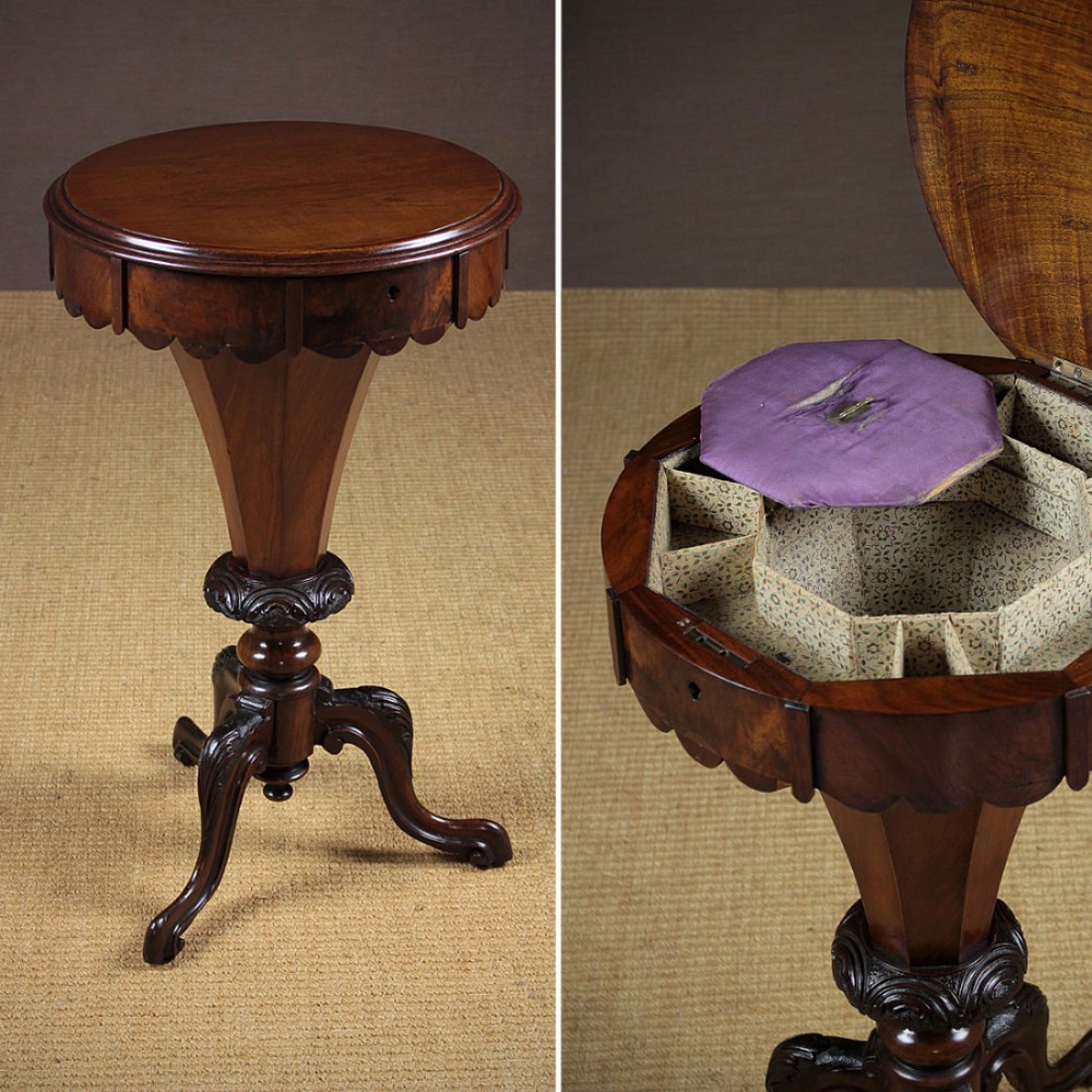Walnut Tripod Sewing Table with Fitted Interior c.1870.