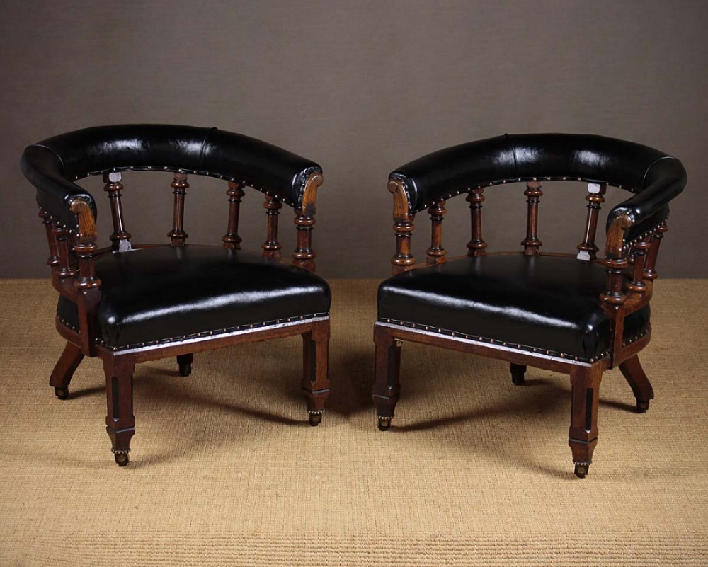 Pair Mid 19th.c. Oak & Leather Armchairs c.1860.